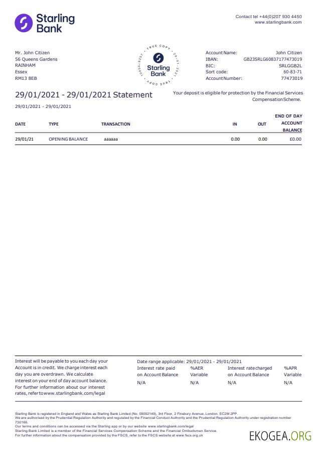 Modèle de relevé bancaire Starling du Royaume Uni au format Word et PDF, bon pour prouver l'adresse